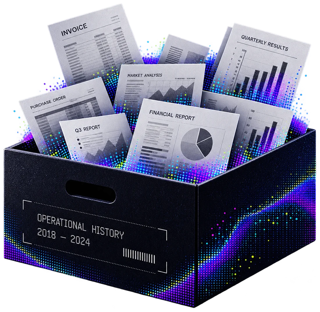 Archive box of operational history: invoices, reports and records